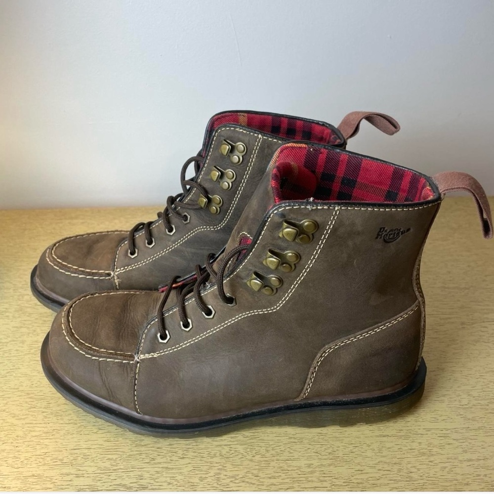 Dr Martens. Frye Brown and Red Leather Boots with Plaid Lining
Mens